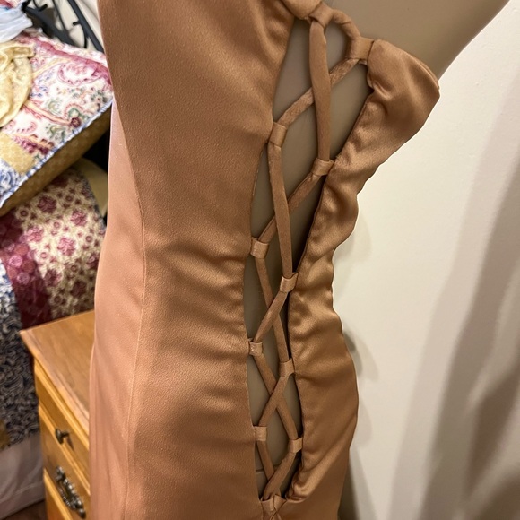 Beautiful custom made Gold Satin Prom Dress.  Strapless and lace up on the sides - Picture 4 of 5